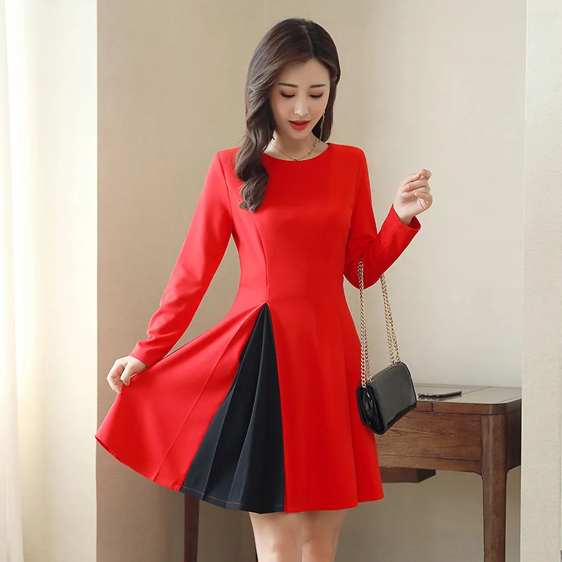 High quality autumn winter red black fashion dress long sleeve short
