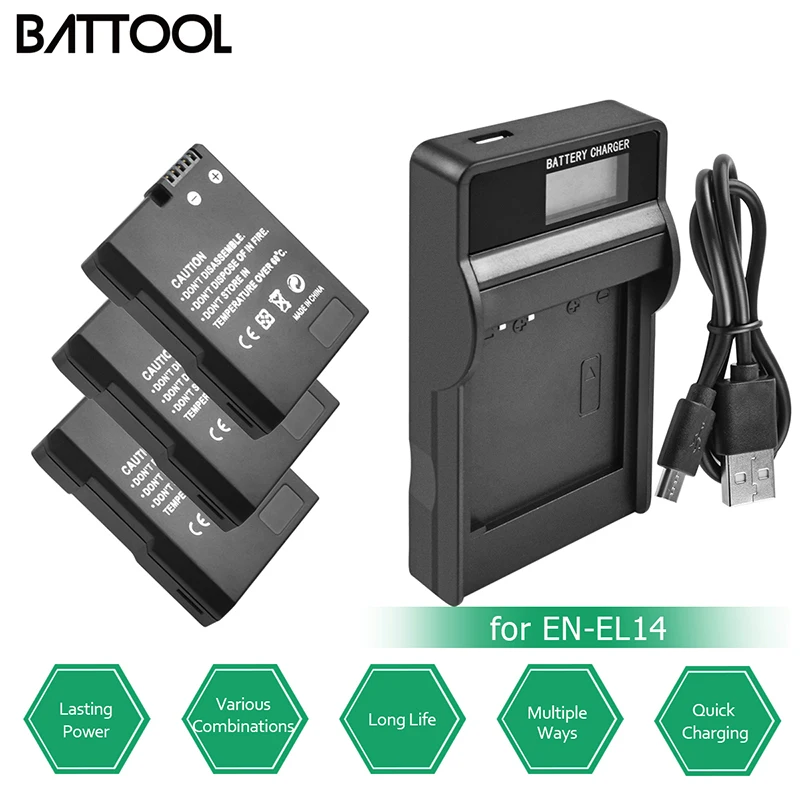 Batcool 3 шт. EN EL14 литий ионная батарея Bateria + LCD USB зарядное устройство для Nikon D3100 D3200 D3300