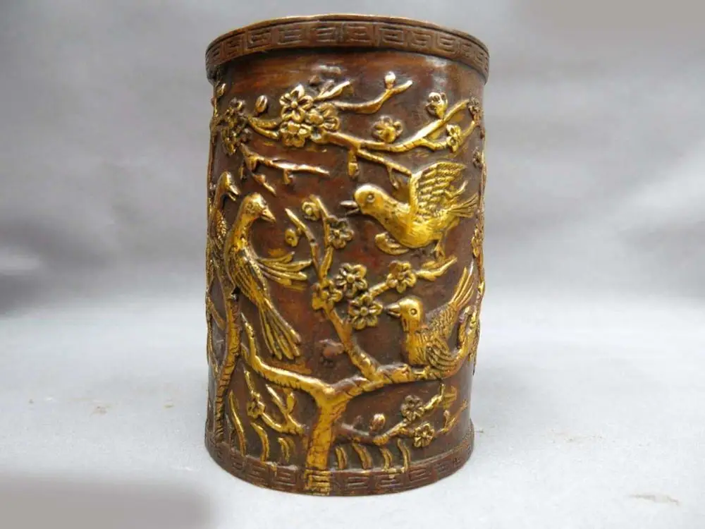

DS China bronze gild carved beautiful fine magpie plum blossom Brush Pot Statue