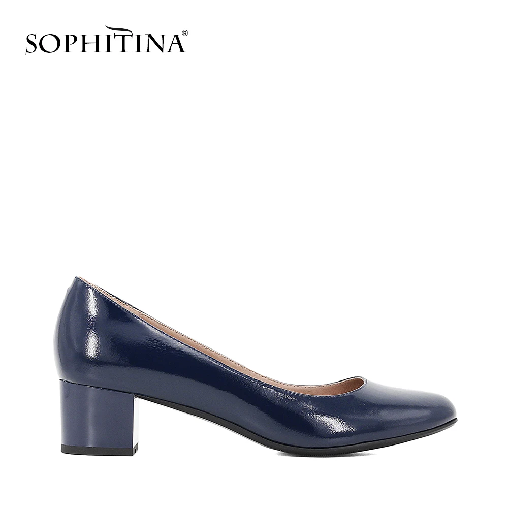 SOPHITINA Elegant Patent Leather Women Pump Dark Blue Patent Leather Autumn Shoes Square Low