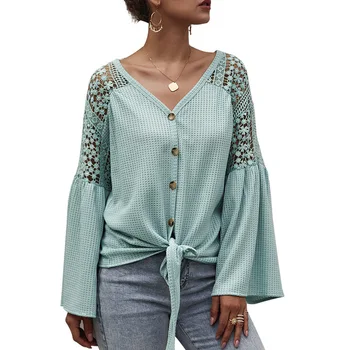 

Women Autumn Knit Button V neck Bandage Embroidery stitching Top Long Sleeve Solid Color Flare Sleeve Knitwear Sweater