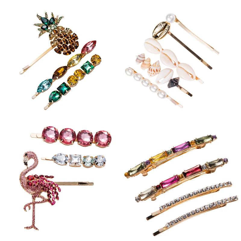 

AE-CANFLY European Colorful Rhinestone Pineapple Shell Bird Hairpin Sets Word Clip Summer Cool Wind Hairpin Bangs Clip