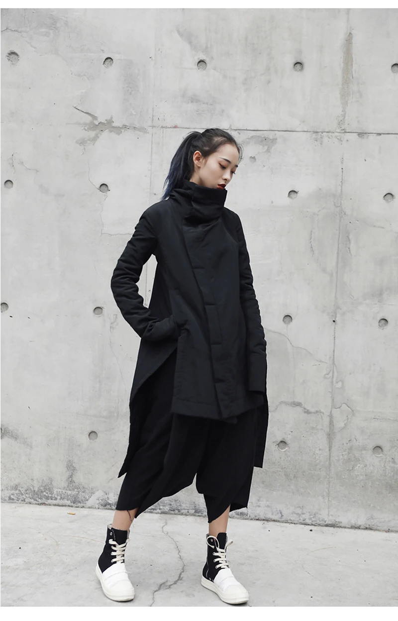 Женская Осенняя зимняя куртка, пальто со стоячим воротником, необычная длинная хлопковая парка, женская черная зимняя теплая куртка, Женское пальто