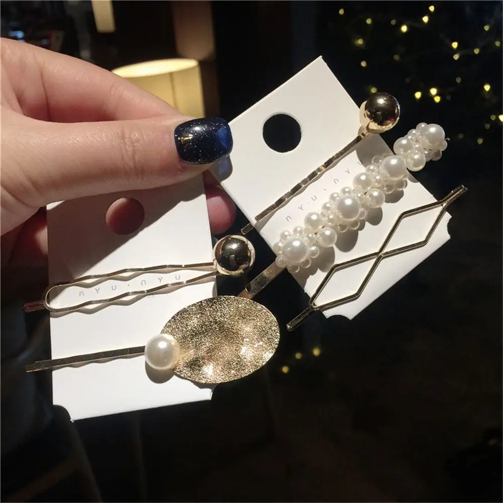 1 Модный комплект в корейском подражание заколки для волос с жемчугом для Для женщин из метала золотого цвета Цвет цветочным геометрическим узором неровный жемчуг зажим, аксессуар для волос