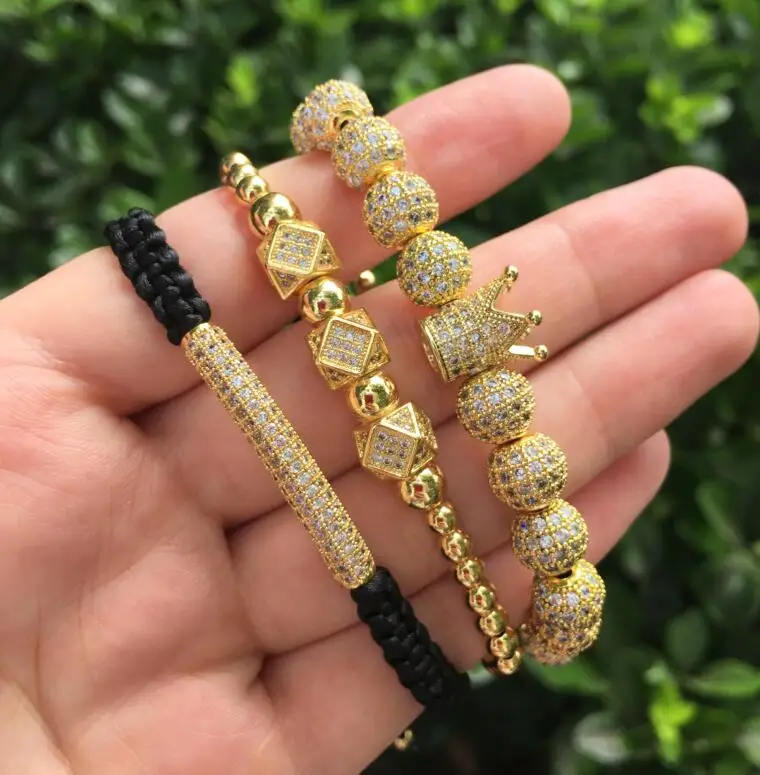 

Luxury Jewelry 3pcs/Set Hip Hop Gold Crown Bracelets Cubic Micro CZ Ball Charm Braiding Bracelet Men Women Pulseira Bileklik