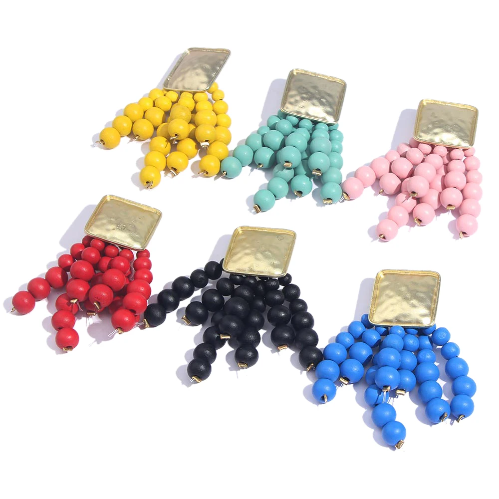 Flatfoosie Alloy Beaded Fringed Drop Earrings For Women Wooden Big Large Tassel Ethnic Dangle Earring Bohemian Unique Jewelry