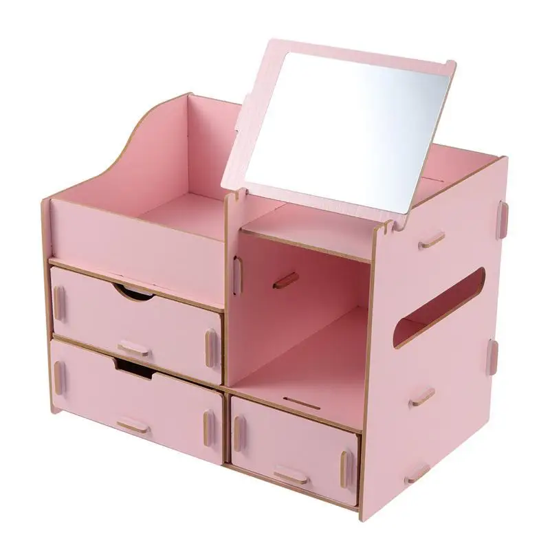 

DIY Multifunctional Wooden Desktop Comestics Toiletry Organizer Makeup Storage Box Case with Mirror