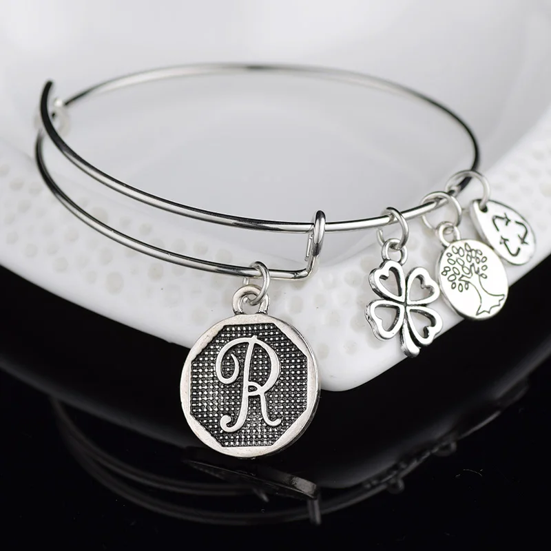Американские расширяемые браслеты, серебряные, древние, A-Z, начальный, очаровательный браслет с буквой, регулируемый, Wire wrap, манжета, браслет для женщин - Окраска металла: R