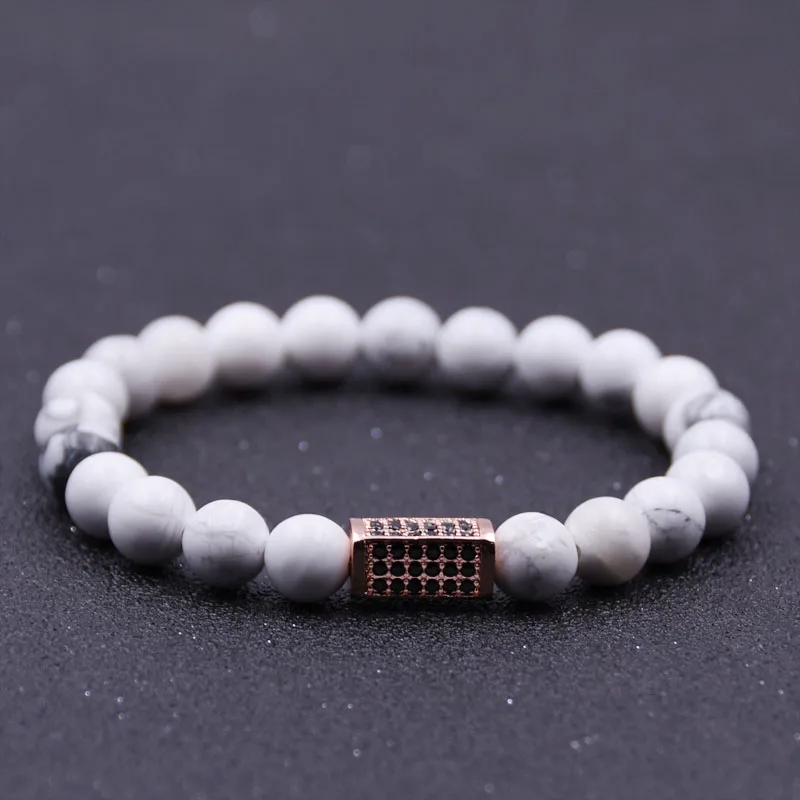 

KANGKANG Hot Selling White natural stone Bracelet Micro-inlay Zirconia 4 color Quadrangular prism 8mm Elastic Rope Bead Bracelet