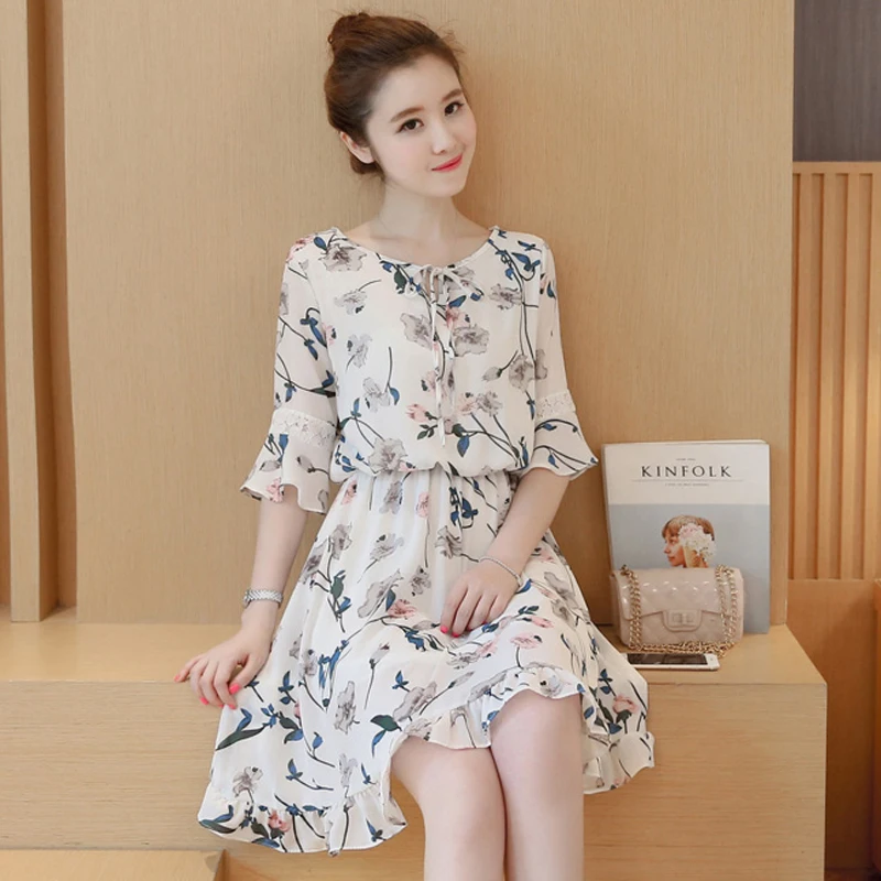 Spring section 2018 new female lady thin belly summer floral chiffon ...