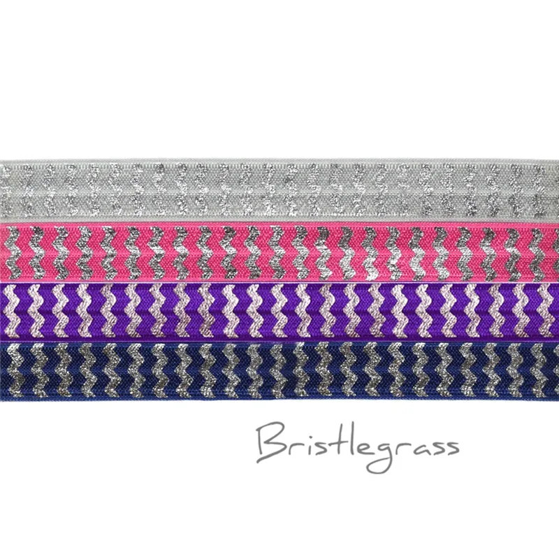 

BRISTLEGRASS 5 Yard 5/8" 1.5cm Silver Chevron Foil Print FOE Foldover Elastic Satin Band Trim Headband Hair Tie Dress DIY Sewing