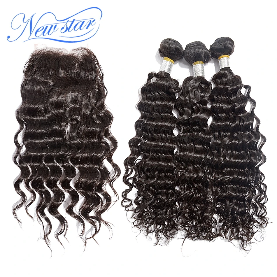 new star hair brazilian virgin hair with closure Brazilian deep wave 3 bundles with a free part deep wave lace closure