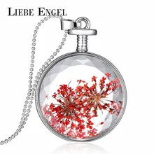 LIEBE ENGEL Fashion Red Dried Flower Necklace Vintage Silver Color Jewelry Glass Statement Necklace for Women Gift Long Collares