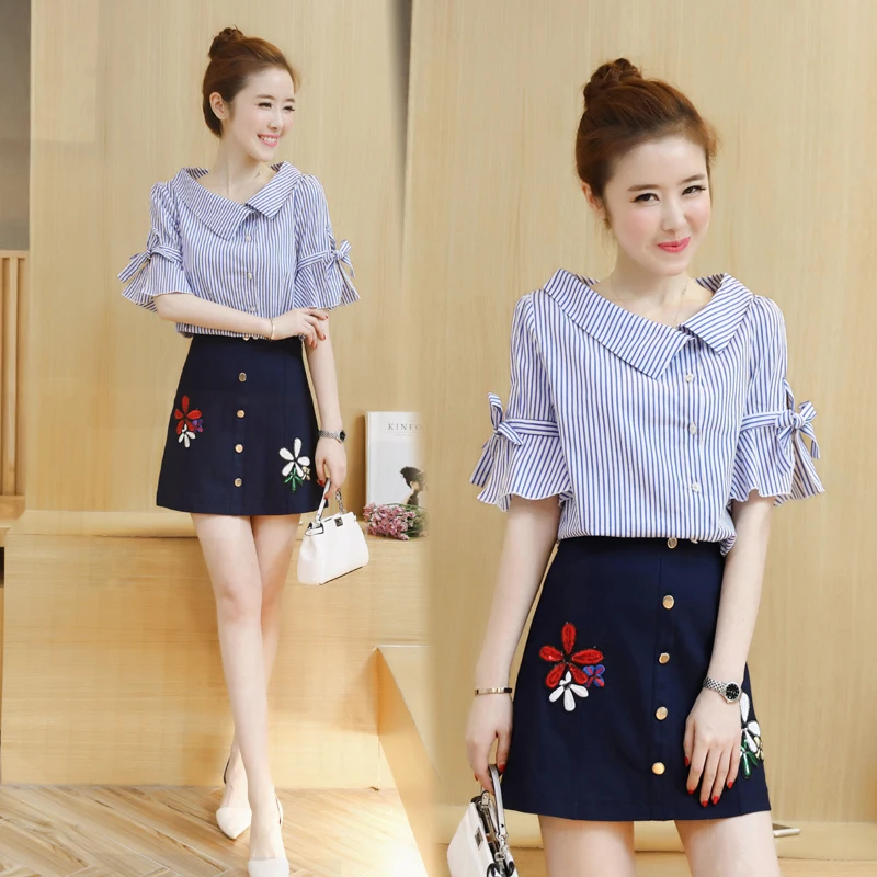 

A Woman Blouse Skirt Outfit Korea Fashion New Stripe Top Shirt Floral Skirt Two-Piece Clothing Set Vestidos Brand Size S-XL