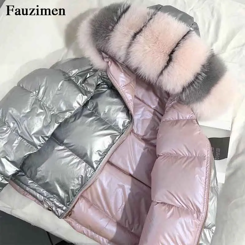 النساء الشتاء سترة أسفل معطف فراء ثعلب حقيقي طوق أسفل سترة قميص سميكة الدافئة الشتاء