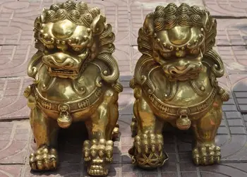 

13"Chinese Brass Feng Shui Fu Foo Dog Guardion Lion Ball Statue Sculpture Pair