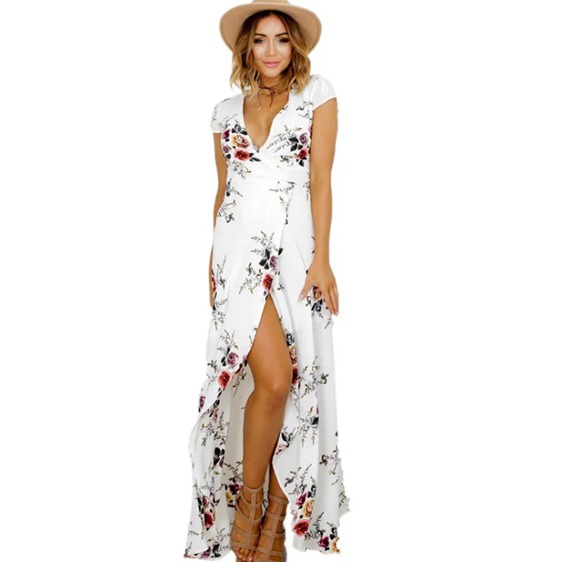 

Fashion boho Chiffon long maxi dress women 2018 summer flower floral print beach tunic split sexy v-neck beachwear chic hot tube