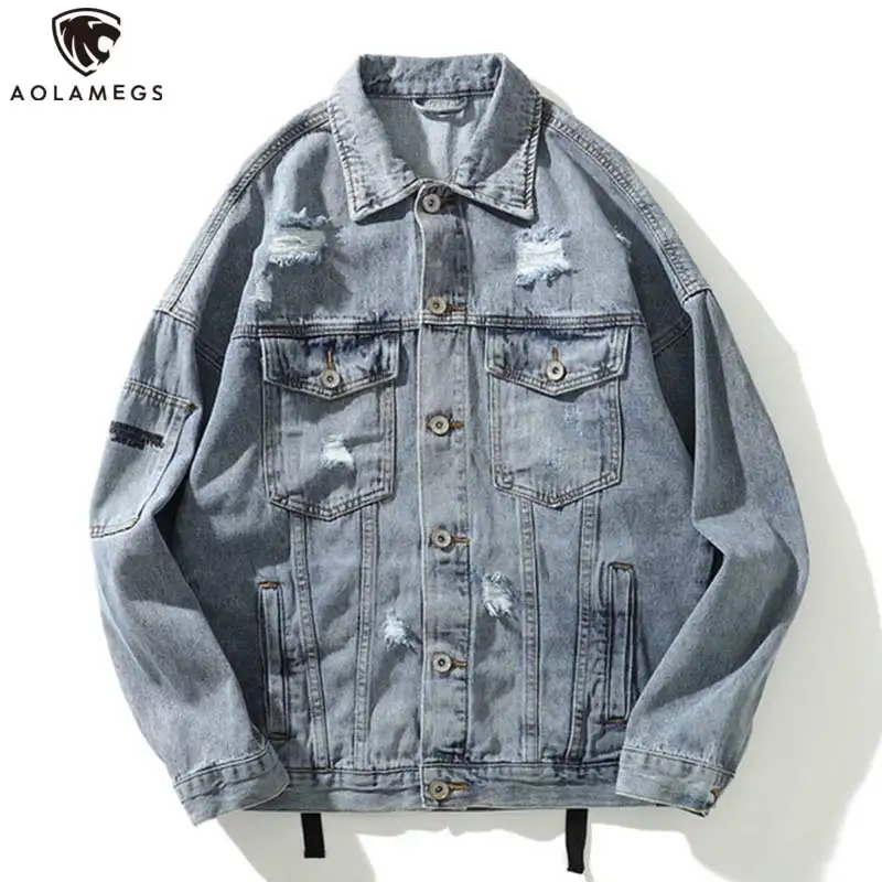 

Aolamegs Men's Denim Jacket Embroidery Letter Cowboy Men Cargo Jacket Plus Size Casual Outwear Men High Street Coat Streetwear
