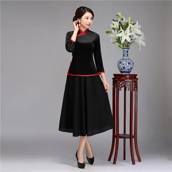

Black Vintage Chinese Blouse Skirt Sets Women's Shirt Tops Mandarin Collar 2pc Clothing Summer Cheongsam Qipao Dress Size M-XXXL