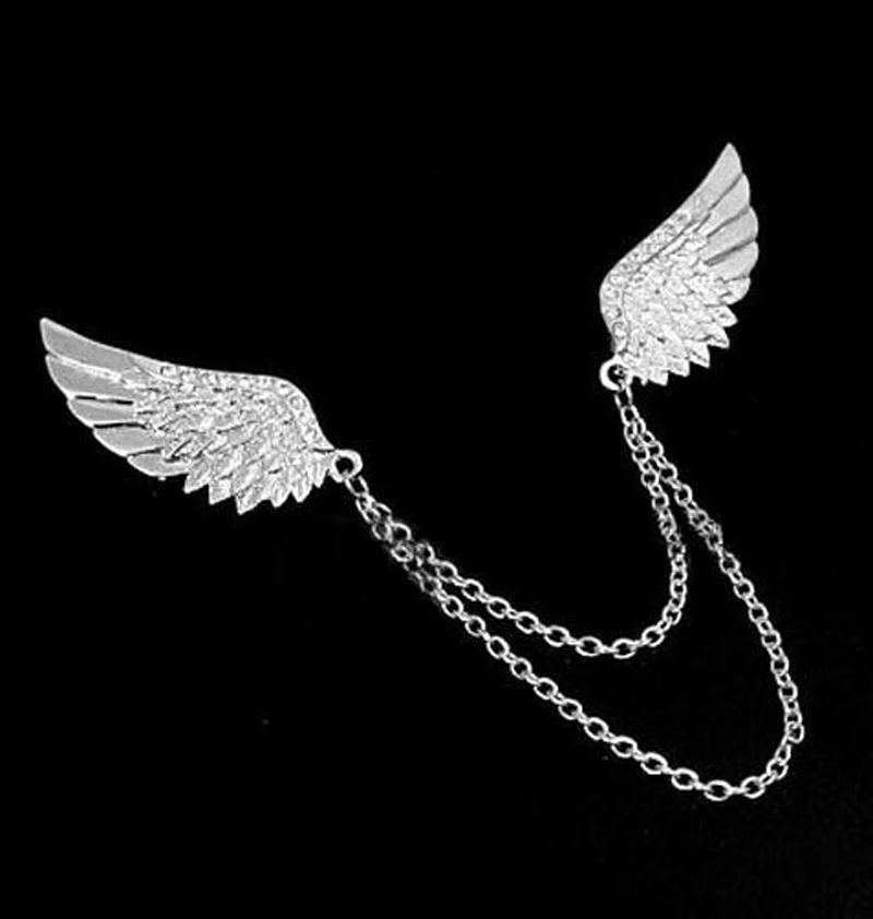 

New Fashion Vintage Angel Wings Rhinestone Double Chains Brooch Collar Clip Gift Jewelry for Men and Women