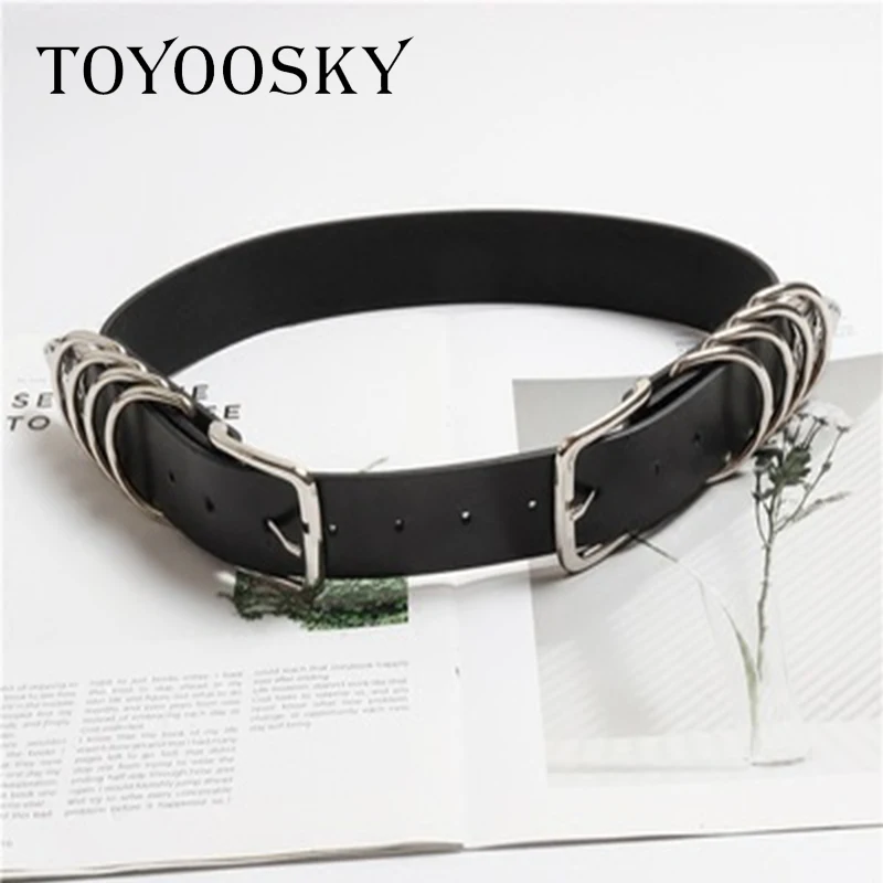 

Luxury cool tide Women Second Cowskin Gothic Punk Rock Two Metal Circle Ring Chain Waist Belts accessories Ins Style TOYOOSKY