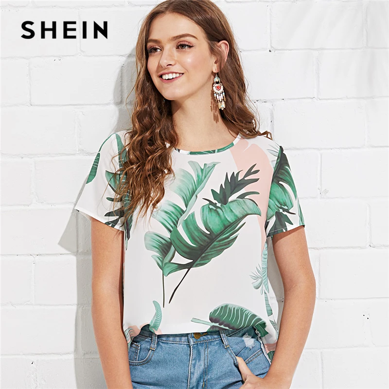Meilleur SHEIN Multicolore Week End Décontracté Jungle Feuille Imprimer Keyhole Retour Col Rond À Manches Courtes Blouse D été Femmes Sortir Chemise Top