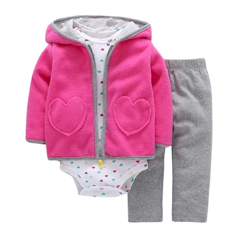 

New Brand 3 Pieces Sets Fashion 2020 Baby Boy Girl's Style Regualr Full Sleeve Heart Hooded Coat+o-neck One Piece Romper+ Pants