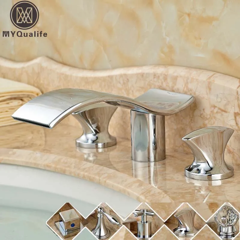 Modern Wave Shape Waterfall Bathroom Bath Tub Sink Faucet Deck Mount Dual Handles Basin Hot and Cold Mixer Taps