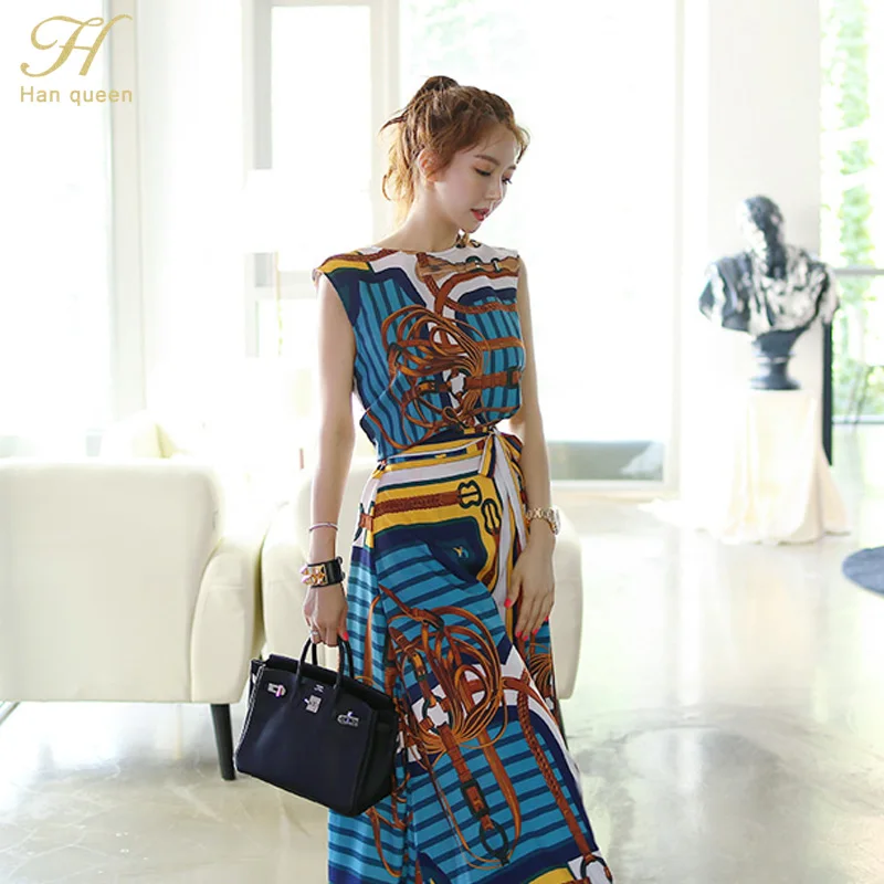 H Han queen, винтажное, с принтом, элегантное, длинное платье для женщин, весна, 2 предмета, платья, большие качели, длина до лодыжки, Vestidos