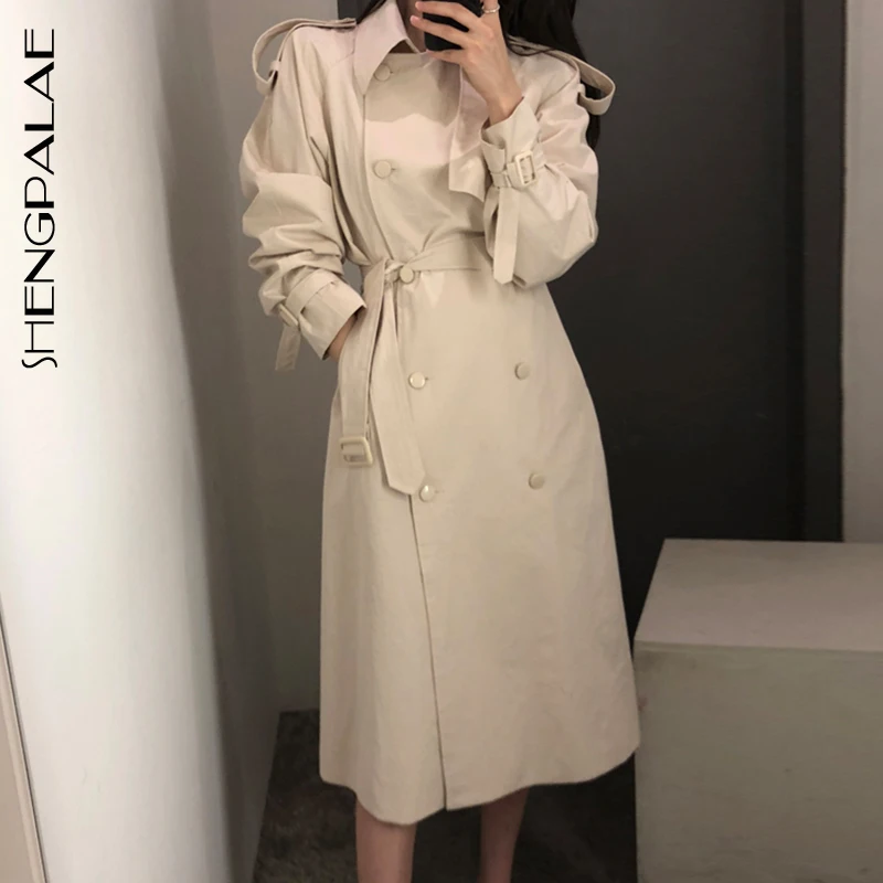 

SHENGPALAE New Autumn 2019 Korea Full Sleeve Double Breasted With Sashes Button Turn-down Collar Wide-waisted Women Coat FR512