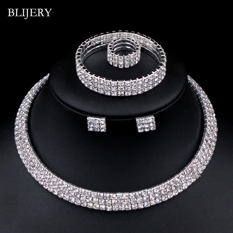 

BLIJERY Silver Color Rhinestones Crystal Bridal Wedding Jewelry Sets Choker Necklace Earrings Bracelet Ring African Jewelry Set
