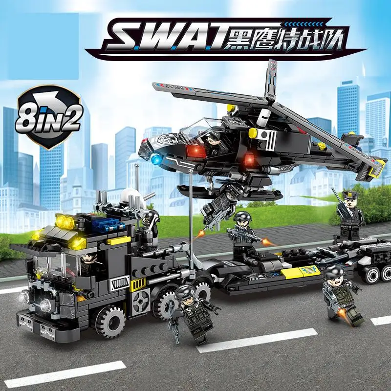 

102159-66 Black Hawk Special Team Mad Cow Heavy Duty Trailer Storm Helicopter 8 In 1 Assembled Building Blocks