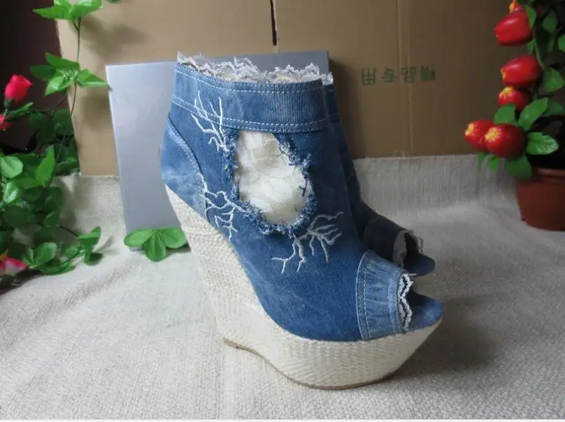 

New arrival fashion ankle denim and lace peep toe wedges heel boot for woman in spring and autumn big size 35-41