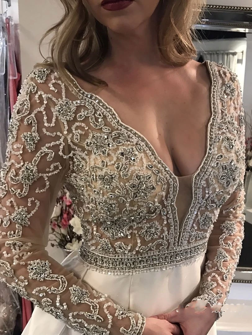 V-Neck Long Sleeve 2018 Wedding Dress With Beadings Crystal