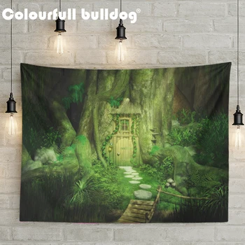 

Cartoon Beautiful Forest View Tapestry Red Mushroom Tree Flowers Wall Hanging Towel Tree House Light Kid Room Decorate Large Mat