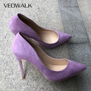 Veowalk Microfiber Suede Women Pointed Toe High Heel Shoes Solid Light Purple Pumps Fashion Party Wedding Stilettos