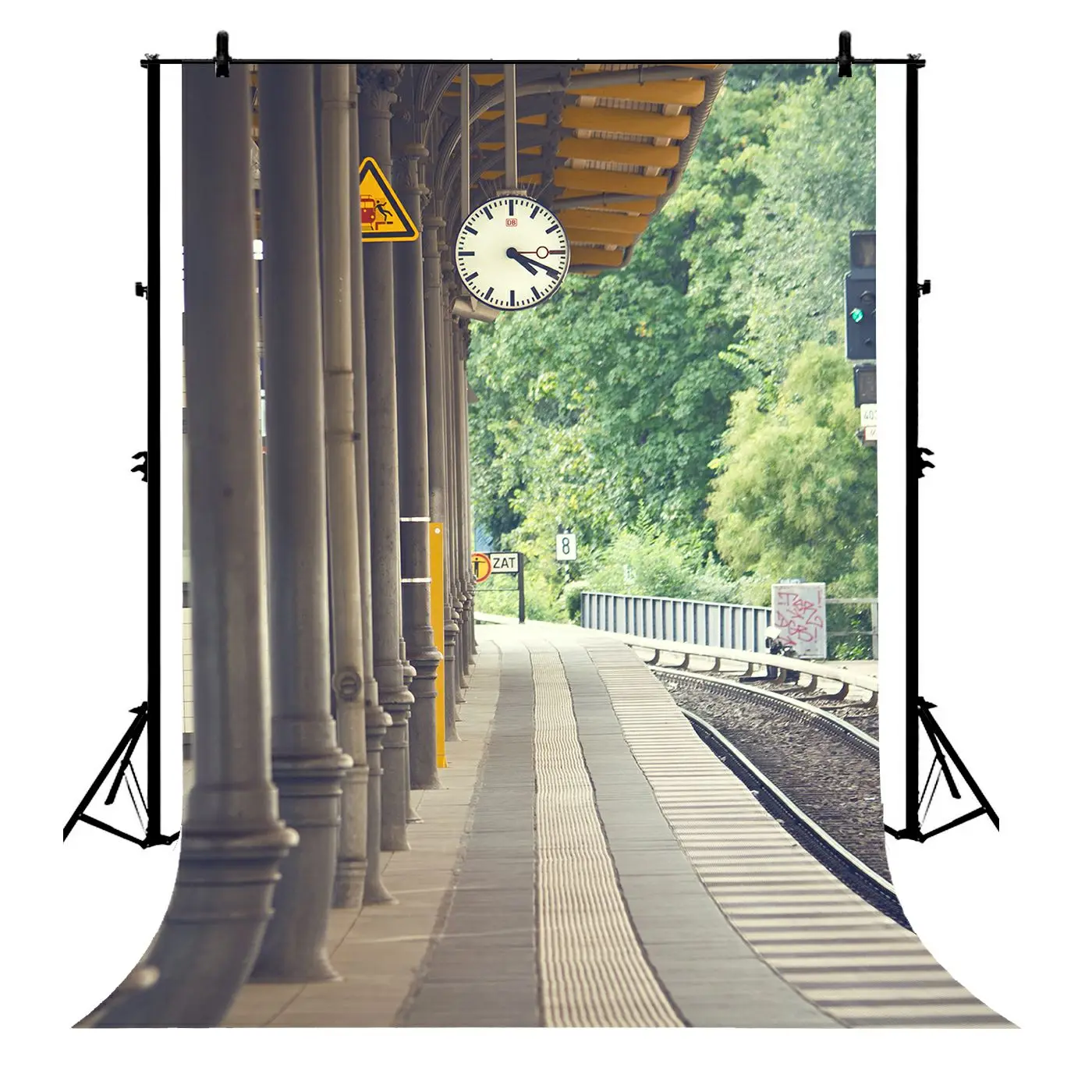 

5x7ft Train Station Brick Floor Pillar Clock Railroad Tree Polyester Photo Background Portrait Backdrop