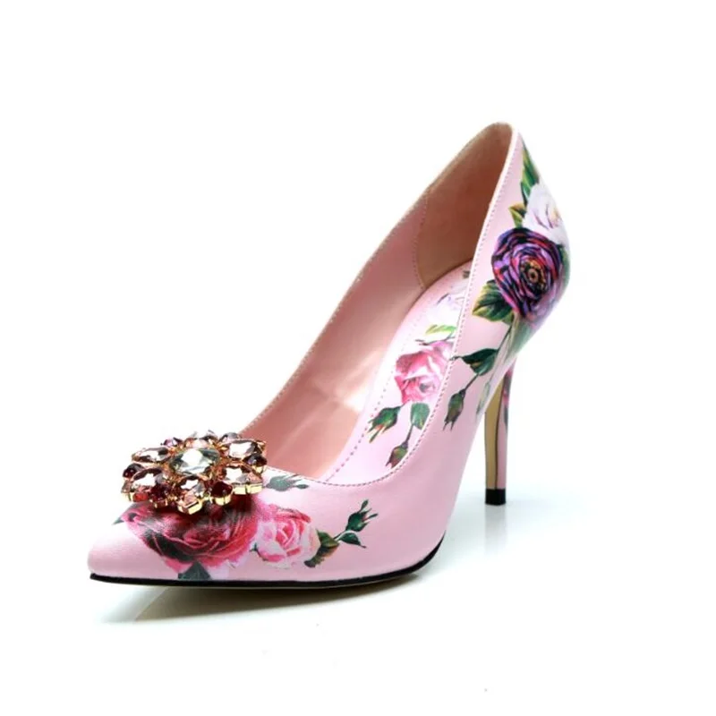 2018 Fashion Luxury Crystal Flowers Decor Pink Pumps Women Floral Print