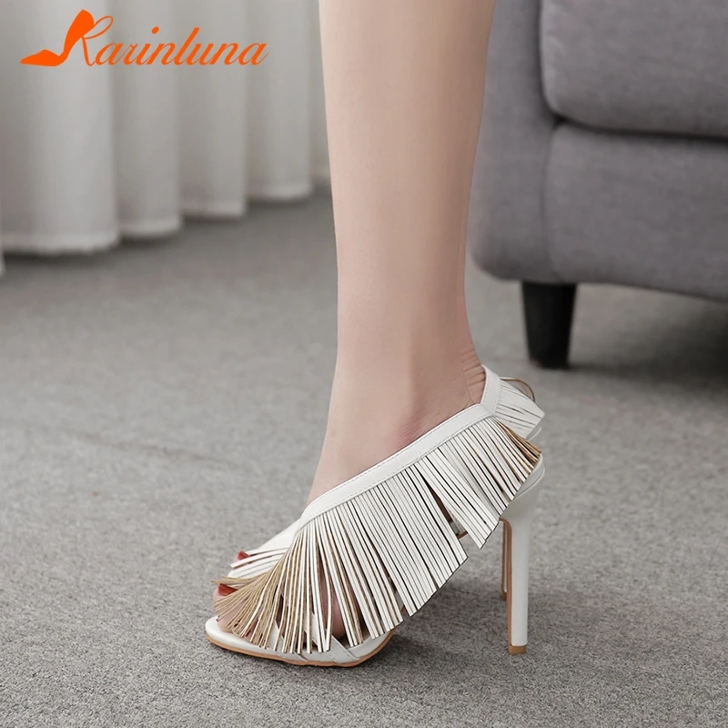 

KARINLUNA 2019 New Ladies Sexy slip-on Tassel Sandals Women Summer Elegant Thin High Heels Women Shoes Woman