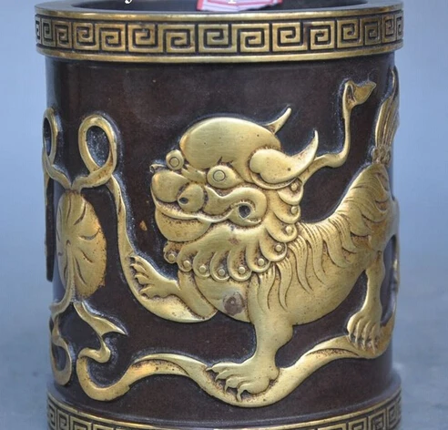 

bi001578 5"Chinese Dynasty Palace Purple Bronze 24K Gold Gilt kylin Brush Pot pencil vase 04