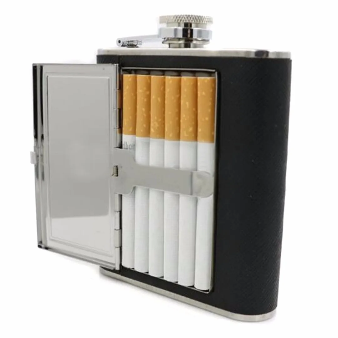 Portable Stainless Steel Liquor Wine Alcohol Flagon Hip Flask + Cigarette Case Black 2018 New