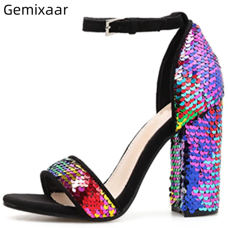 

Colorful Bling Sandals Shoes Woman One Strap Narrow Buckle Sandalias Round Toe Chunky Square High Heels Sandals Sandalias Mujer