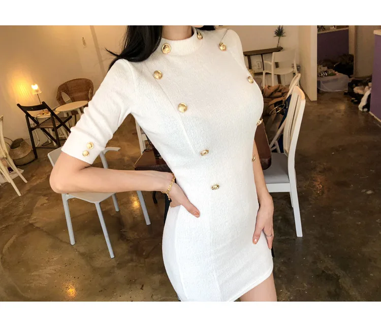 Temperament Lady Dresses Women Spring Design Sexy Bandage Sheath Mini White Knitted Double Button Tunic Sweater Dress 170D