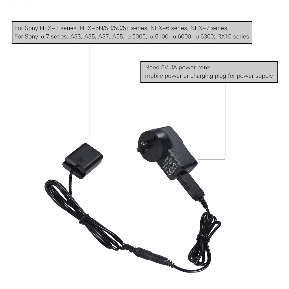 Andoer NP-FW50 пустышка батарея+ 5V 3A USB адаптер питания кабель с вилкой питания Замена для AC-PW20 для sony
