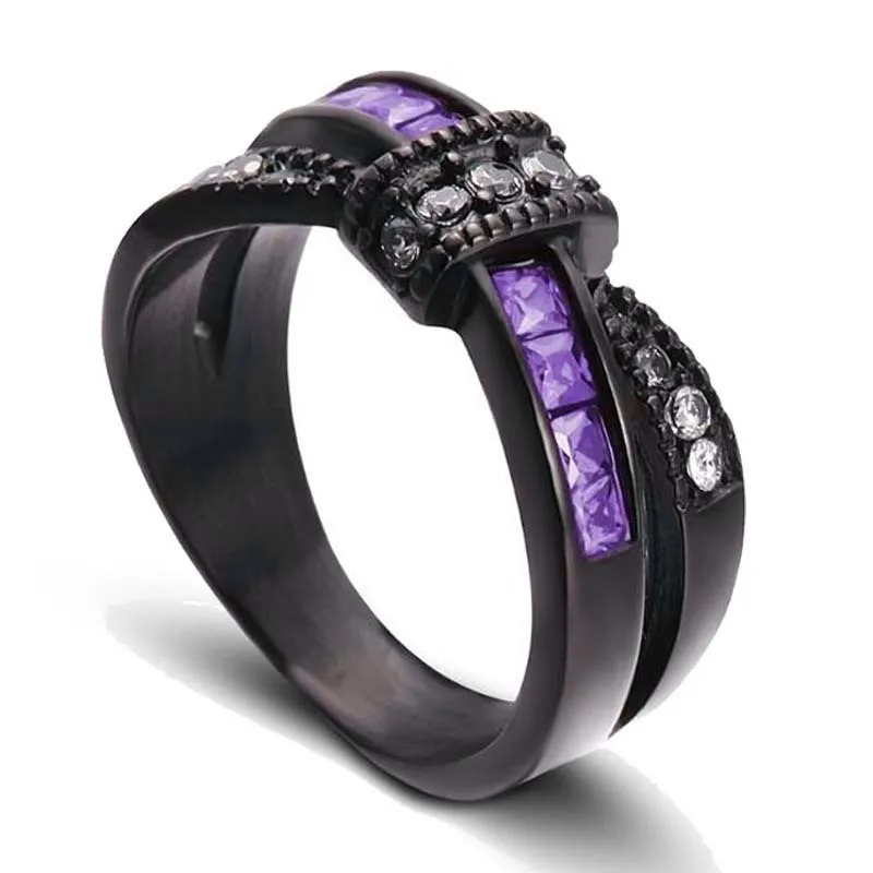 Набор обручальных колец из черного золота для женщин, голубой, красный, фиолетовый, CZ камни, кристалл, обручальное ювелирное изделие, 2 шт., набор колец - Цвет основного камня: 1003 purple