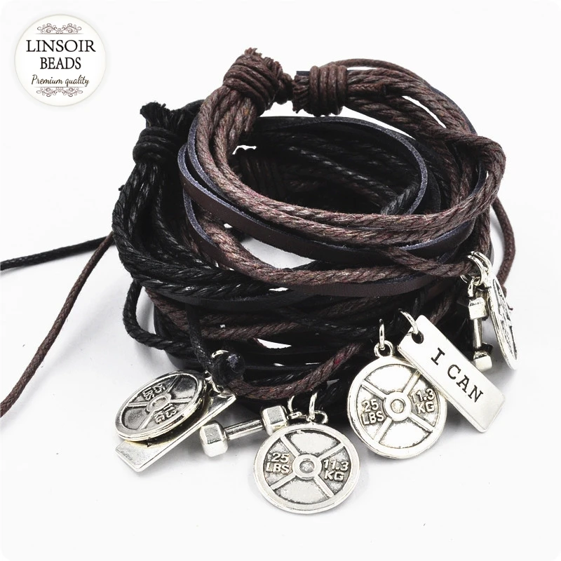 Linsoir Dumbbell Bracelet & Bangles Fitness Jewelry I CAN Charm Leather