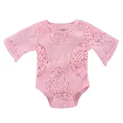 Прекрасные подарки для новорожденных девочек синий/розовый оборками рукав ползунки младенческой Lace Bell Sleeve комбинезон Верхняя одежда