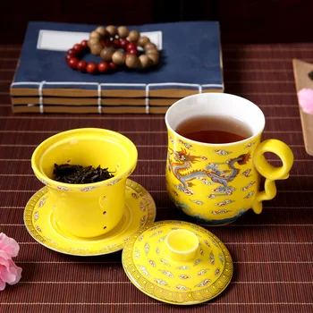 

Hand-painted ceramic tea set blue and white porcelain four-piece set with lid filter cup Jinlong Cup home office drinking cup