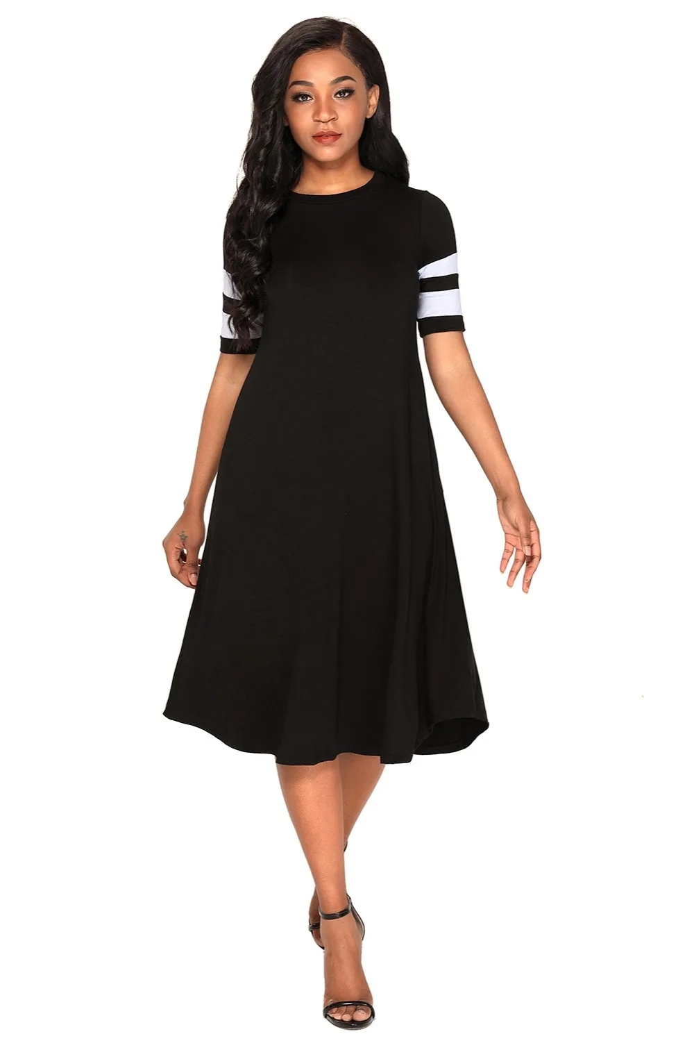 Ladies Color Block Casual Dresses New Summer Style Crew Neck Short