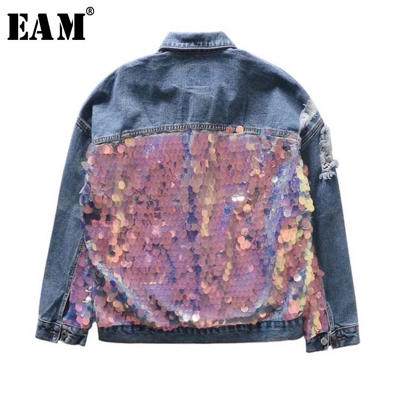 

[EAM]2019 New Autumn Winter Lapel Long Sleeve Back Colorful Sequins Split Joint Loose Denim Jacket Women Coat Fashion Tide JL084